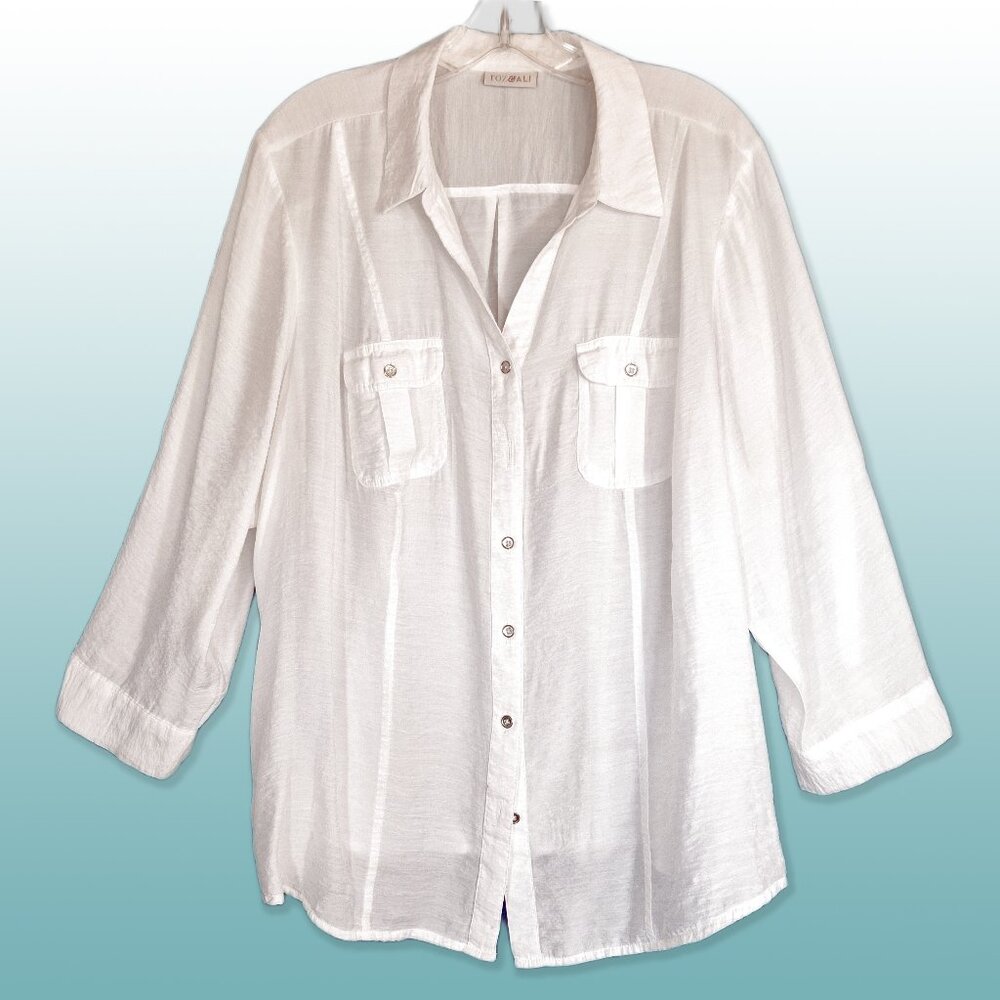 Roz & Ali Sheer White Gauzy Button Front Blouse Size L